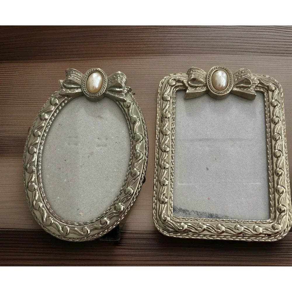 Vintage MRF 89 Gold Bow Pearl Small Oval & Rectangular Picture Frame Lot Of 2